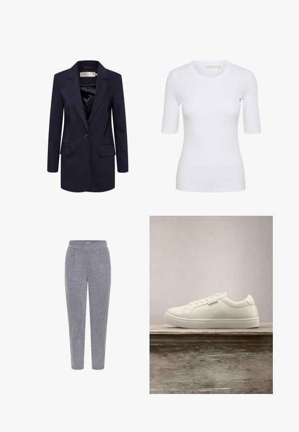 Marineblazer met notch revers, enkele knoopsluiting, twee zijzakken en satijnen voering. Getailleerde pasvorm met lange mouwen.; Witte geribbelde t-shirt met ronde halslijn en korte mouwen. De stof lijkt zacht en rekbaar, met een getailleerd ontwerp en een subtiele logobezorging.; Hondstooth-patroon broek in marineblauw en wit, met een gestructureerde stof, elastische tailleband en taps toelopend ontwerp.; Witte leren sneaker met veters die boven een houten bank zweeft, met groen lang gras dat op de achtergrond vervaagd is in de buitenlucht.