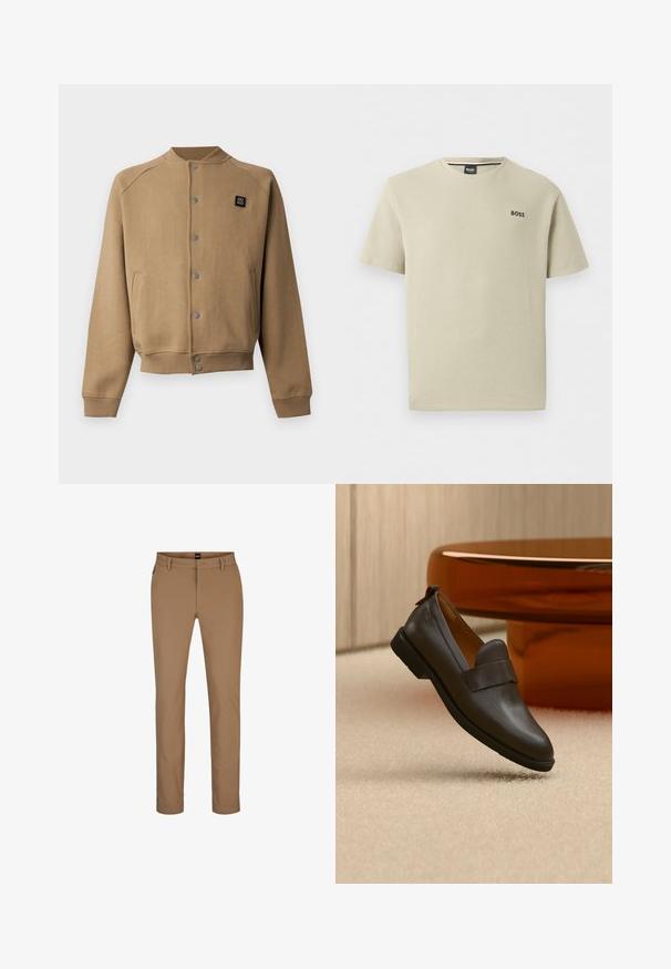 Veste bomber beige boutonnée avec poignets, col et ourlet côtelés, avec poches latérales et petit logo Hugo noir sur la poitrine.; T-shirt beige texturé à manches courtes et col rond avec le logo "BOSS" sur la poitrine gauche.; Pantalon marron clair en mélange de coton avec une coupe droite, poches avant et fermeture éclair. Matériaux minimaux et sans motifs visibles.; Mocassin en cuir marron foncé avec un petit talon flottant au-dessus d'un tapis beige, à côté d'une table brillante, arrondie et de couleur ambre.