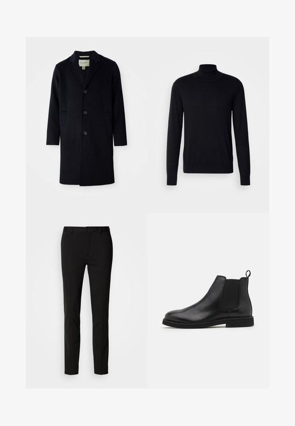 Manteau long noir en laine à simple boutonnage, avec col à revers, trois boutons, deux poches avant et manches droites.; Pull à col montant noir en tissu doux. Doté de manches longues, d'un col et de poignets côtelés, avec une texture lisse et sans motifs.; Pantalon noir à coupe ajustée, avec une fermeture à bouton et des passants de ceinture. Fabriqué en tissu lisse avec un léger éclat, sans motifs visibles.; Bottines Chelsea en cuir noir avec panneaux élastiques sur les côtés et une languette. Bout arrondi et semelle en caoutchouc plate, mettant en valeur une finition lisse.