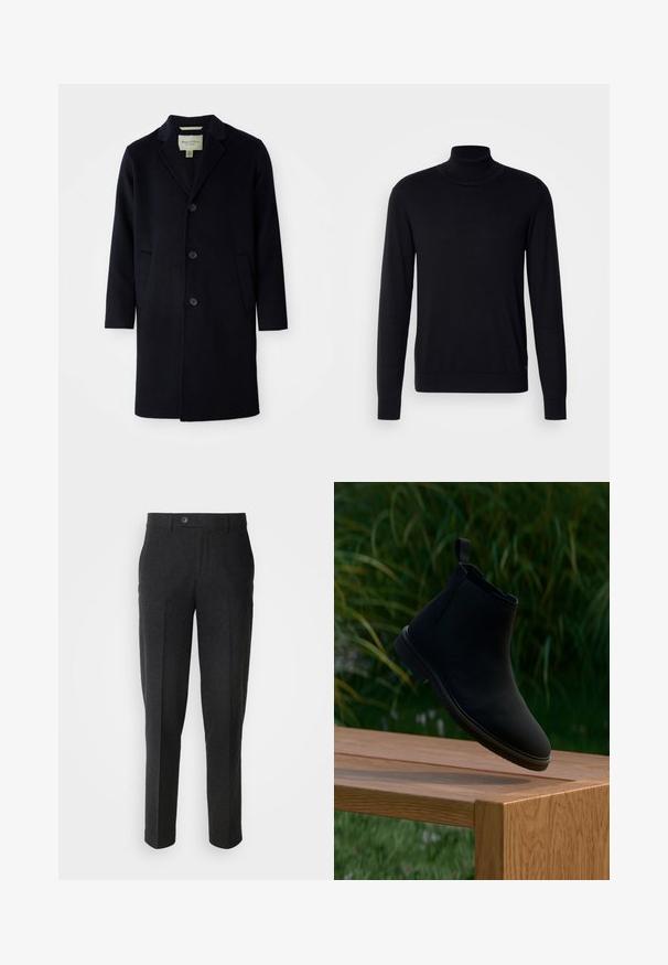 Schwarzer, einreihiger, langer Wollmantel mit Reverskragen, drei Knöpfen, zwei Vordertaschen und geraden Ärmeln.; Schwarzer Rollkragenpullover aus weichem Stoff. Mit langen Ärmeln, geripptem Kragen und Bündchen, hat eine glatte Textur und keine Muster.; Lindbergh Stoffhose - black melange; Schwarzer Chelsea-Stiefel aus glattem Leder mit Zuglasche, runder Spitze, elastischen Seitenteilen und niedrigem Absatz. Auf einer Holzoberfläche präsentiert.
