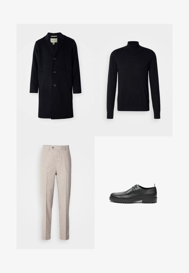 Abrigo largo de lana negro de un solo botón con cuello de muesca, tres botones, dos bolsillos frontales y mangas rectas.; Suéter negro de cuello alto hecho de una tela suave. Presenta mangas largas, cuello y puños acanalados, con una textura suave y sin patrones.; Pantalones de lana beige claro con una textura suave, corte recto, pliegues en la parte frontal y un cierre de botón único en la cinturilla.; Zapatos de cuero negro con un acabado suave, punta redondeada y costuras decorativas. Cuenta con una suela de goma con surcos para tracción y un diseño de cordones.