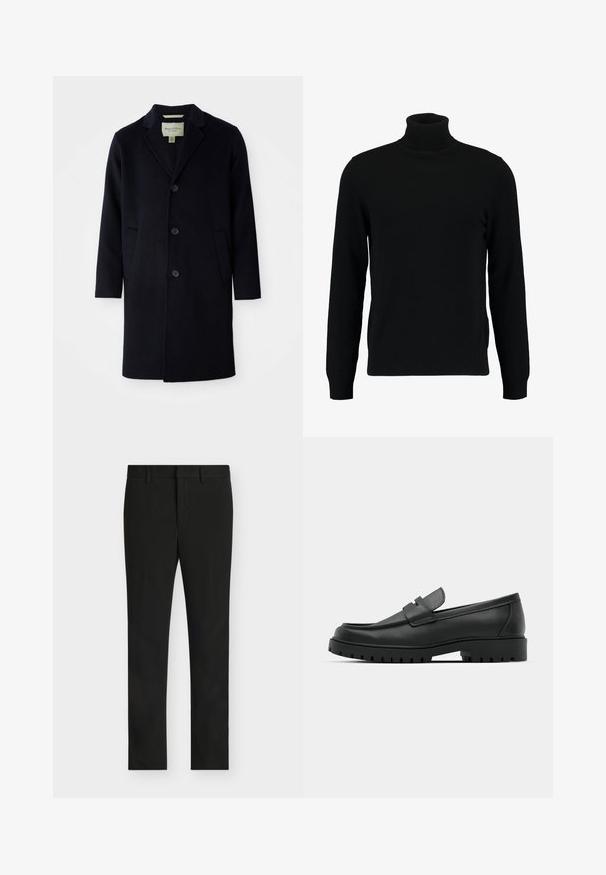 Manteau long noir en laine à simple boutonnage, avec col à revers, trois boutons, deux poches avant et manches droites.; Un pull à col roulé noir en matière tricotée douce. Il possède des manches longues, un col et un ourlet côtelés. Son design est simple et épuré, sans motifs.; Pantalon noir slim fit avec passants de ceinture, fermeture éclair frontale et devant plat, présenté sur un fond gris clair.; Mocassins en cuir noir à bout arrondi, avec un design cousu, une semelle plateforme basse et une semelle en caoutchouc texturée et crantée.