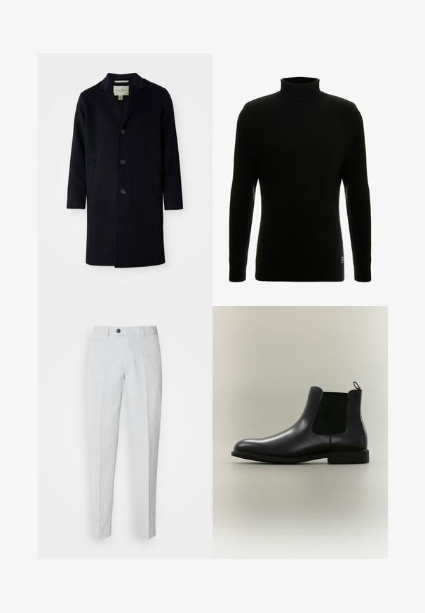 Sort enkelt brystet langt uldfrakke med klapkrave, tre knapper, to forlommer og lige ærmer.; Sort turtleneck sweater med lange ærmer, ribbet tekstur, tætsiddende silhuet og lille mærke nederst til venstre.; Lys grå bukser lavet af tekstureret stof, med knaplukning, flad front og smalle ben for en strømlinet pasform.; Sort læder Chelsea-støvle med elastiske sidepaneler og en trækkehåndtag på en neutral baggrund, vist i sideprofil.