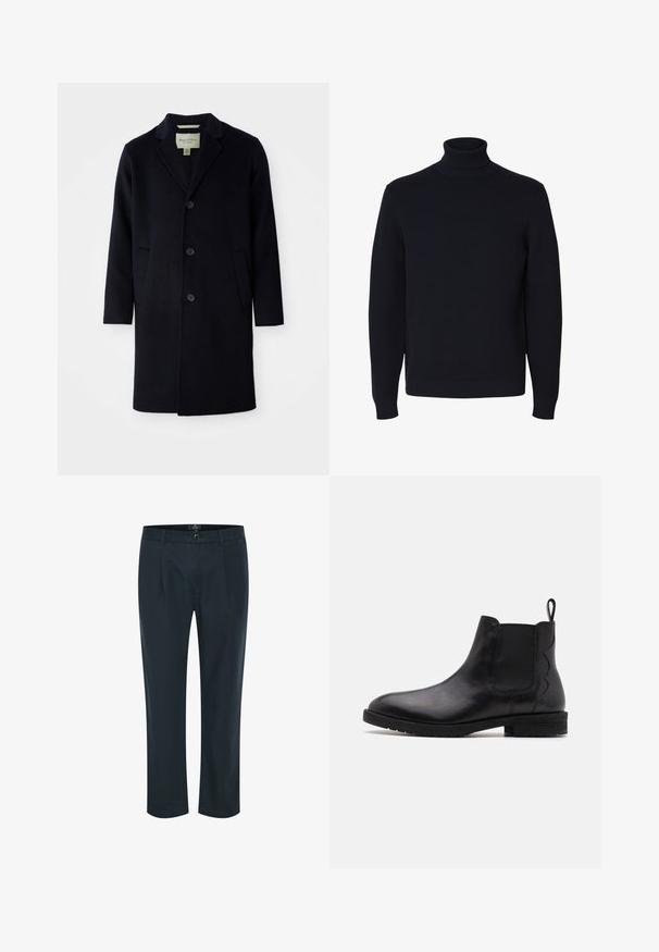 Sort enkelt brystet langt uldfrakke med klapkrave, tre knapper, to forlommer og lige ærmer.; Sort langærmet strikket rullekrave sweater med ribstrikkede ærmekant og kant, vist på hvid baggrund.; Mørkeblå bukser med lige snit, knaplukning, frontfolder og to sidelommer; lavet af et glat, let materiale.; Sort læder Chelsea støvle med elastiske sidestykker, rund tå og lav blokhælfod. Har en løftestrop bagpå for nem påtagning.