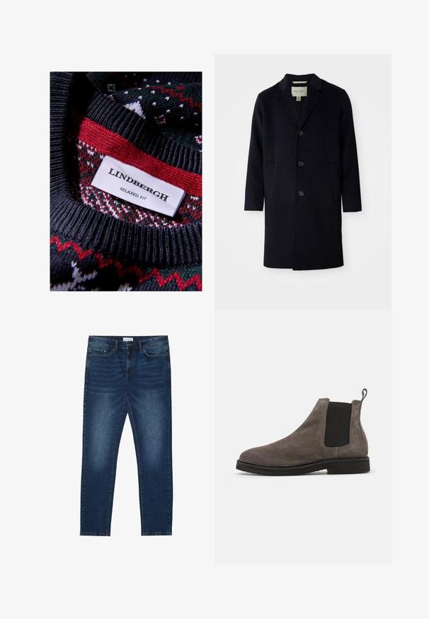 Zwarte enkelgeknoopte lange wollen jas met een notch lapel-kraag, drie knopen, twee voorzakken en rechte mouwen.; Zwarte gebreide trui met een textuurpatroon en rode en groene accenten. Etiket zegt "LINDBERGH RELAXED FIT."; Donkerblauwe slim-fit jeans met vervaagde details, klassiek vijf-pocket ontwerp, knoopsluiting en riemlussen.; Grijze suède Chelsea boot met elastische zijkanten, ronde neus en trekband. Platte zwarte rubberen zool. Eenvoudig en strak ontwerp.