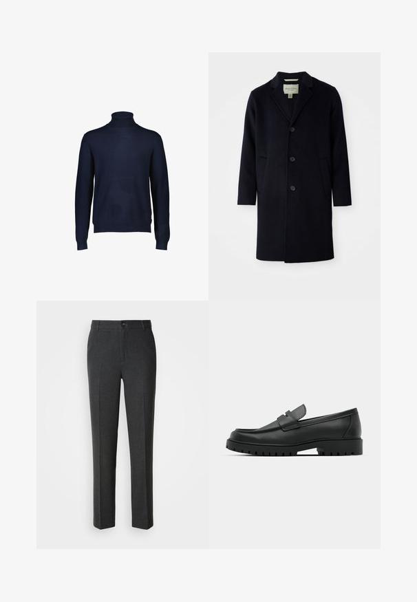 Sort enkelt brystet langt uldfrakke med klapkrave, tre knapper, to forlommer og lige ærmer.; Mørkeblå turtleneck sweater lavet af et blødt strikstof. Har lange ærmer samt en ribbet krave og kant. Ingen mønstre eller accenter synlige.; Skræddersyede mørkegrå bukser i et glat stof, med knaplukning, to forlommer og et lige ben-design.; Sorte læder loafers med rund tå, der har et syet design, lav platformssål og en struktureret, skridsikker gummisål.