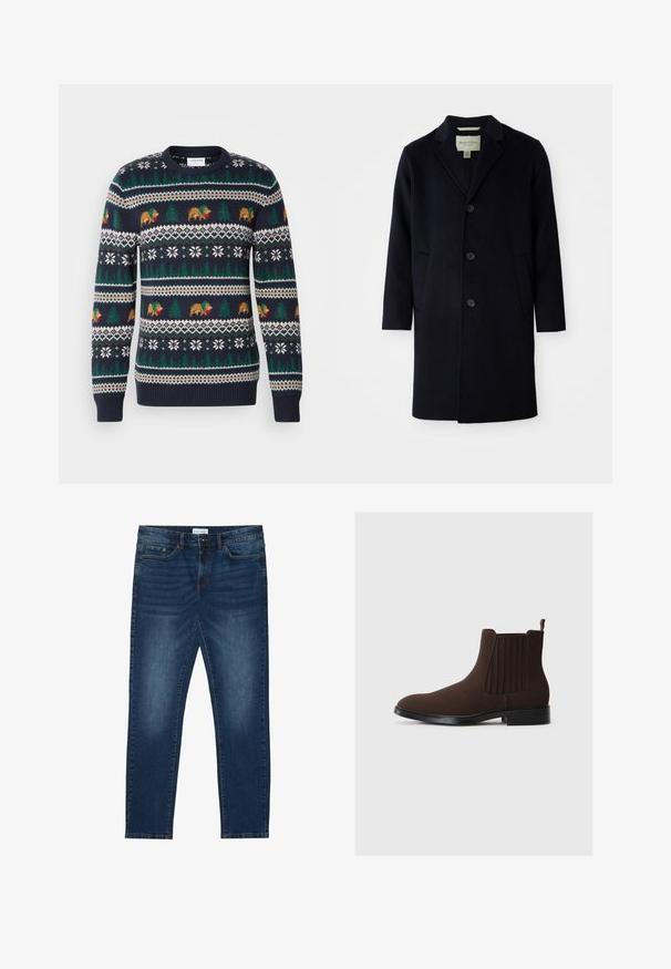 Schwarzer, einreihiger, langer Wollmantel mit Reverskragen, drei Knöpfen, zwei Vordertaschen und geraden Ärmeln.; Dunkelblauer Pullover aus Strick mit einem Feiertagsmuster, das Bären, Bäume und Schneeflocken in Grün, Braun und Weiß zeigt. Gerippte Bündchen und Saum.; Dunkelblaue Slim-Fit-Jeans mit ausgewaschenen Details, klassischem Fünf-Taschen-Design, Knopfverschluss und Gürtelschlaufen.; Braune Wildleder Chelsea-Stiefel mit elastischen Seiteneinsätzen, flachem Absatz und einer Zugschlaufe an der Rückseite. Glatte Textur und stromlinienförmiges Design.