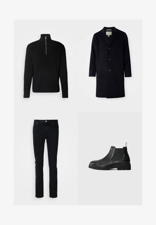 Schwarzer, einreihiger, langer Wollmantel mit Reverskragen, drei Knöpfen, zwei Vordertaschen und geraden Ärmeln.; Lindbergh HALF ZIP RIB KNIT - Strickpullover - black; Schwarze Denim-Jeans mit einer schmalen Passform, ausgestattet mit einer Vordertasche, Gürtelschlaufen und einem Knopfverschluss. Glatte Textur, minimalistisches Design.; Schwarze Leder Chelsea-Stiefel mit elastischem Seitenpanel, runder Zehenpartie, strukturiertem Sohlenprofil und kleiner Zuglasche an der Ferse.