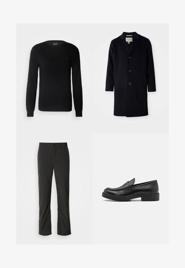 Manteau long noir en laine à simple boutonnage, avec col à revers, trois boutons, deux poches avant et manches droites.; Pull en maille noir avec un col rond, des manches longues et un petit logo brodé sur la poitrine. Texture douce et coupe ajustée.; Pantalons noirs à rayures fines avec une coupe droite. Présente une texture lisse, une fermeture à bouton à l'avant et des passants de ceinture.; Mocassins en cuir noir avec un bout arrondi, un design à enfiler et une semelle en caoutchouc épaisse avec une texture antidérapante. Talon surélevé et détails de surpiqûre subtils.