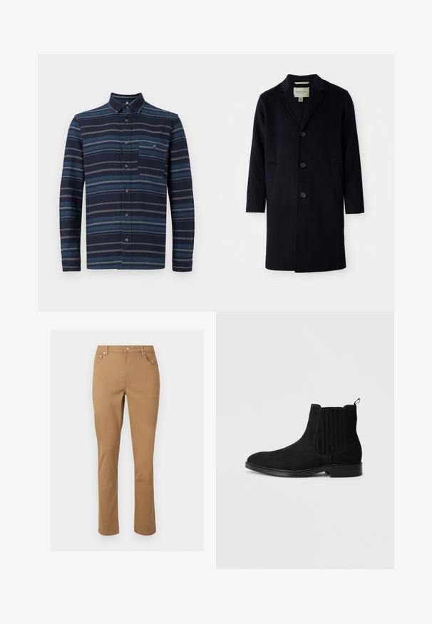 Schwarzer, einreihiger, langer Wollmantel mit Reverskragen, drei Knöpfen, zwei Vordertaschen und geraden Ärmeln.; Langärmliges Hemd mit Knopfleiste in Navy mit unterschiedlichen blauen horizontalen Streifen, einem Kragen und einer Brusttasche. Weicher Stoff.; Braune Hose mit geradem Bein, Vordertaschen, Gürtelschlaufen, Reißverschluss und Knopfverschluss vor einem schlichten hellen Hintergrund.; Schwarzer Wildlederschuh im Chelsea-Stil mit elastischen Seitenteilen, runder Zehenform, subtiler Textur und Ziehhilfe an der Rückseite. Flache Gummisohle.