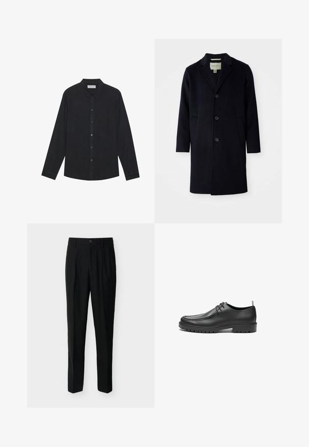 Manteau long noir en laine à simple boutonnage, avec col à revers, trois boutons, deux poches avant et manches droites.; Chemise noire à manches longues en tissu doux, avec un devant à boutons, un col et un ourlet droit avec une texture subtile.; Pantalon noir taille haute, ajusté, avec passants de ceinture, plis à l'avant, poches latérales et fermeture boutonnée avec zip.; Chaussures en cuir noir avec une finition lisse, bout arrondi et coutures décoratives. Elles possèdent une semelle en caoutchouc avec des rainures de traction et un laçage.