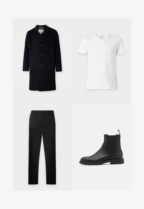 Zwarte enkelgeknoopte lange wollen jas met een notch lapel-kraag, drie knopen, twee voorzakken en rechte mouwen.; Effen wit T-shirt met korte mouwen en V-hals, afgebeeld op een neutrale achtergrond met een zichtbaar label in de kraag met de tekst "FILIPPA K."; Zwarte broek gemaakt van een gladde stof, met een rechte pijpdesign, voorplooien en een knoopsluiting in de taille.; Zwarte leren enkelboot met een gladde textuur, elastische zijpanelen en een trekhaak. Ronde neus en platte rubberen zool met minimale profiel.