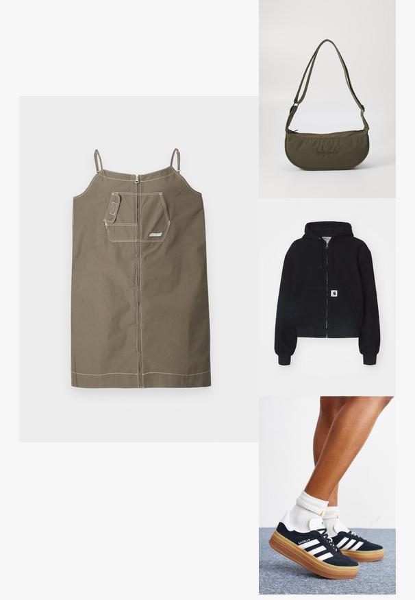 Haut à zip noir en coton doux, doté d'une poche frontale, d'une capuche avec cordon et de poignets côtelés. Comprend un patch logo sur la poche.; Robe sans manches vert olive en coton avec fermeture éclair. Dispose d'une poche poitrine unique, de coutures contrastantes et de bretelles ajustables.; Jambes portant des chaussettes blanches et des baskets Adidas Gazelle noires avec des bandes blanches et des semelles épaisses marron sur un sol recouvert de moquette grise.; Sac à épaule vert olive en forme incurvée, fabriqué en tissu doux, doté d'une fermeture éclair en haut, de sangles ajustables et d'un logo en relief.