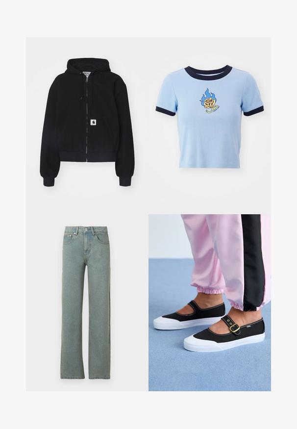 Musta tõmblukuhoodie, mis on valmistatud pehmest puuvillast. Sellel on eesmine tasku, nööri kapuuts ja soonikkoes varrukad. Taskul on logokleeps.; Hele sinine lühikeste varrukatega crop-top, millel on tume sinine soonikkoes krae. Omab kollase roosi flami-embroideringut ja teksti all. Pehme kangatekstuur.; Heledad sinine sirge lõikega teksapüksid, mis on valmistatud denimist, viie tasku, nööbi ja tõmbluku kinnitusega ning kerge pleekimisega kangal.; Mustad mustad jalanõud valge tallaga, millel on lõikekujundus ja kuldne pannal. Kombineeritud roosade treeningpükstega.