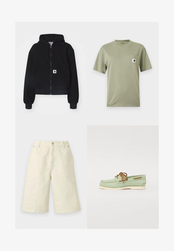 Haut à zip noir en coton doux, doté d'une poche frontale, d'une capuche avec cordon et de poignets côtelés. Comprend un patch logo sur la poche.; T-shirt vert olive à manches courtes avec col rond et poche poitrine ornée d’un petit patch logo Carhartt.; Shorts couleur crème arrivant au genou avec fermeture bouton et zip, passants de ceinture et poches latérales, présentés sur un fond uni.; Bateau en cuir vert avec semelle en caoutchouc beige, design à lacets et couture décorative. Présente des accents en cuir sur les œillets.