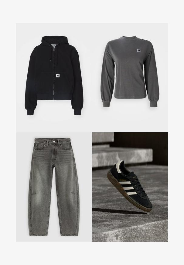 Sudadera con cremallera negra hecha de algodón suave, con un bolsillo frontal, capucha con cordón y puños acanalados. Incluye un parche con el logo en el bolsillo.; Camiseta de manga larga gris hecha de algodón, con cuello redondo y puños elásticos, que cuenta con un pequeño logo cuadrado en el pecho.; Jeans de mezclilla gris deslavado de cintura alta con cinco bolsillos, cierre de botón y un corte recto relajado.; Zapatilla negra de Adidas con rayas blancas y suela de goma flotando sobre escalones de concreto gris a la luz natural.