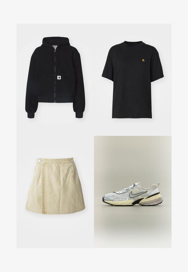Sort zip-up hættetrøje lavet af blødt bomuld, med en forlommer, snørebånd i hætten og ribbede manchetter. Indeholder et logo-patch på lommen.; Sort bomulds T-shirt med en afslappet pasform. Har en rund halsudskæring og korte ærmer. Inkluderer et lille guld broderet logo på brystet.; Khaki mini nederdel lavet af blødt stof, med lukning på siden, glat tekstur og en let udvidet silhuet med nederkanten over knæet.; Hvid og grå Nike-sneaker med mesh-overdel, sort swoosh, beige mellemsål og sort ydersål på en lys baggrund.