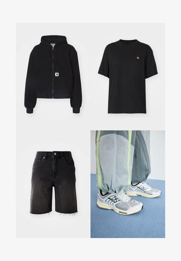 Sort zip-up hættetrøje lavet af blødt bomuld, med en forlommer, snørebånd i hætten og ribbede manchetter. Indeholder et logo-patch på lommen.; Sort bomulds T-shirt med en afslappet pasform. Har en rund halsudskæring og korte ærmer. Inkluderer et lille guld broderet logo på brystet.; Sorte denimshorts med en falmet vask, frynset kant, klassisk fem-lommer design og enkelt knaplukning. Tykke syninger som accentuerer hele shortsene.; Grå og limegrønne træningsbukser med samlede manchetter båret over hvide og sølv sneakers med sorte accenter og mesh-detaljer.