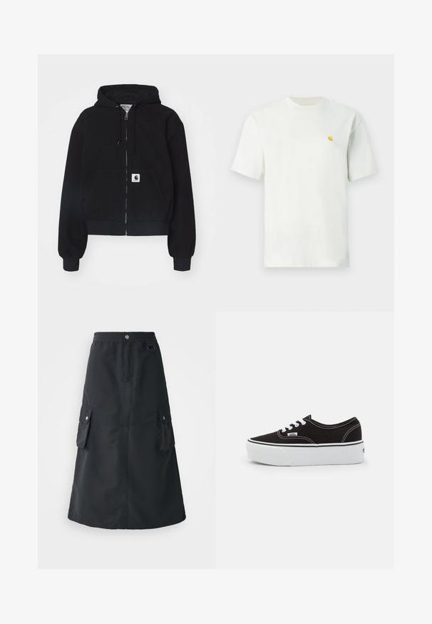 Musta tõmblukuhoodie, mis on valmistatud pehmest puuvillast. Sellel on eesmine tasku, nööri kapuuts ja soonikkoes varrukad. Taskul on logokleeps.; Valge lühikeste varrukatega ümara kaelusega T-särk, millel on vasakul rinnal väike kollane logo, esitatud ühevärvilise tausta ees.; Must mustriba mustete, mis on valmistatud kerged kangast, koos elastse vööde, kahe cargo tasku ja õrn sära.; Must musta tennis jalanõud valge kummi platvormi tallaga, valgete paelte ja õmblustega, ikoonilise kaubamärgiga küljes, madala lõikega disain.