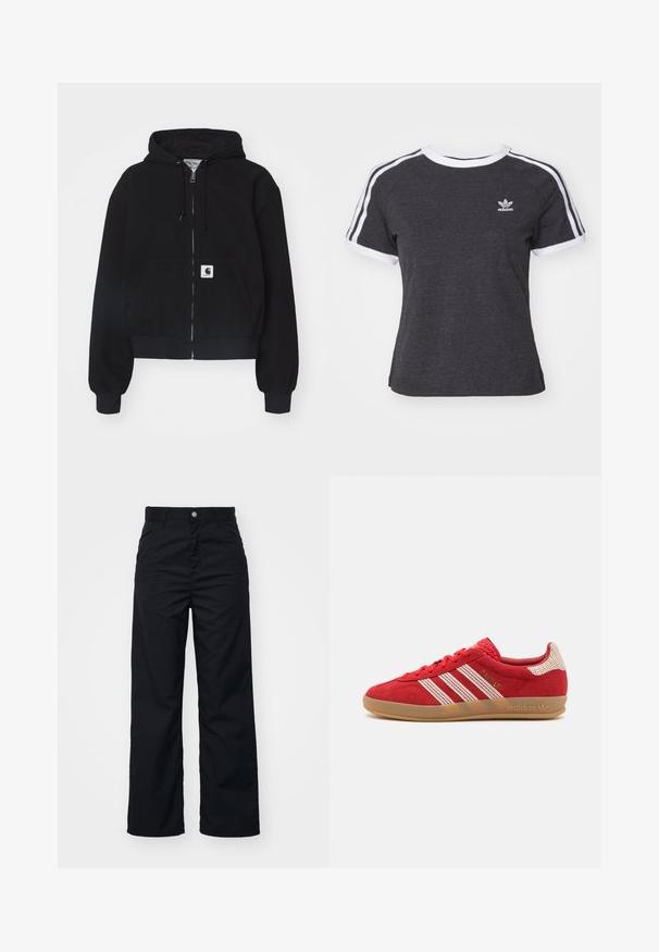 Sudadera con cremallera negra hecha de algodón suave, con un bolsillo frontal, capucha con cordón y puños acanalados. Incluye un parche con el logo en el bolsillo.; Camiseta de algodón gris oscuro con ribete blanco, mangas raglán cortas y tres rayas blancas en cada hombro. Presenta un pequeño logo en el pecho.; Pantalones de pierna ancha negros, hechos de una tela duradera, con cierre de botón en el frente, dos bolsillos laterales y una textura suave.; Zapatillas de ante rojas con rayas blancas y acentos texturizados, suela de goma, cierre con cordones y detalles bordados en el lateral.
