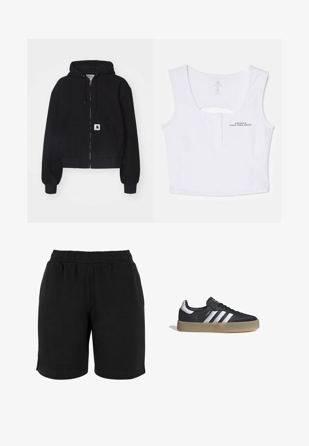 Sudadera con cremallera negra hecha de algodón suave, con un bolsillo frontal, capucha con cordón y puños acanalados. Incluye un parche con el logo en el bolsillo.; Top corto blanco de mezcla de algodón. Presenta un corte en forma de llave en la parte posterior y detalles de logotipo impreso en negro en el frente.; Pantalones cortos de algodón negros con una cinturilla elástica, que presentan una textura suave y un corte sencillo. No hay bolsillos ni adornos visibles.; Zapatilla deportiva de cuero negro con tres rayas plateadas, punta texturizada y suela de goma. Cuenta con un collar acolchado y un diseño con cordones.