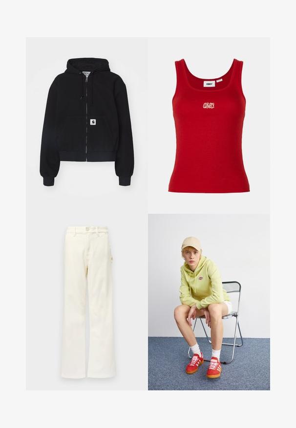 Musta tõmblukuhoodie, mis on valmistatud pehmest puuvillast. Sellel on eesmine tasku, nööri kapuuts ja soonikkoes varrukad. Taskul on logokleeps.; Punane sooniline tank top ümarate kaeluste ja laialdaste nööpidega, millel on keskel valge tikandiga "OBEY" logo.; Good American GOOD 90S CARPENTER - Wide leg - white denim; Hele roheline kapuutsiga särgiga, valged lühikesed püksid, punased tossud valgete triipudega, istub kroomitud kokkuklapitaval toolil neutraalse tausta ees.
