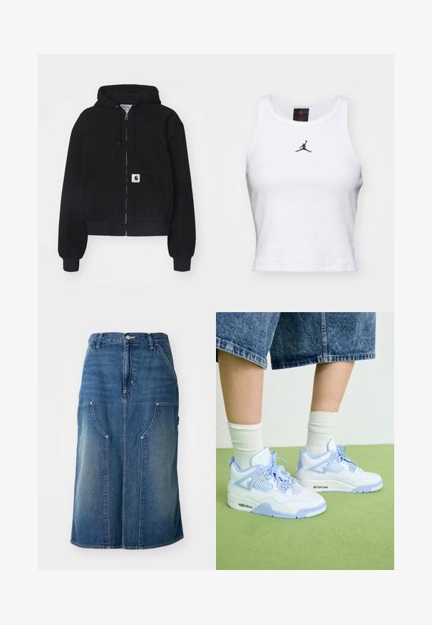 Sort zip-up hættetrøje lavet af blødt bomuld, med en forlommer, snørebånd i hætten og ribbede manchetter. Indeholder et logo-patch på lommen.; Hvid cropped tanktop lavet af bomuld med ribbet tekstur. Har et sort Jordan-logo i midten og en klassisk rund halsudskæring.; Blå denimnederdel med lige snit, forlommer og en talje med knaplukning, prydet med en falmet tekstur og sømdetaljer.; Hvide og lyseblå sneakers med mesh-detaljer, rund tå, snørebånd og en luftdæmpningsenhed, parret med hvide ribbede sokker og denimshorts.