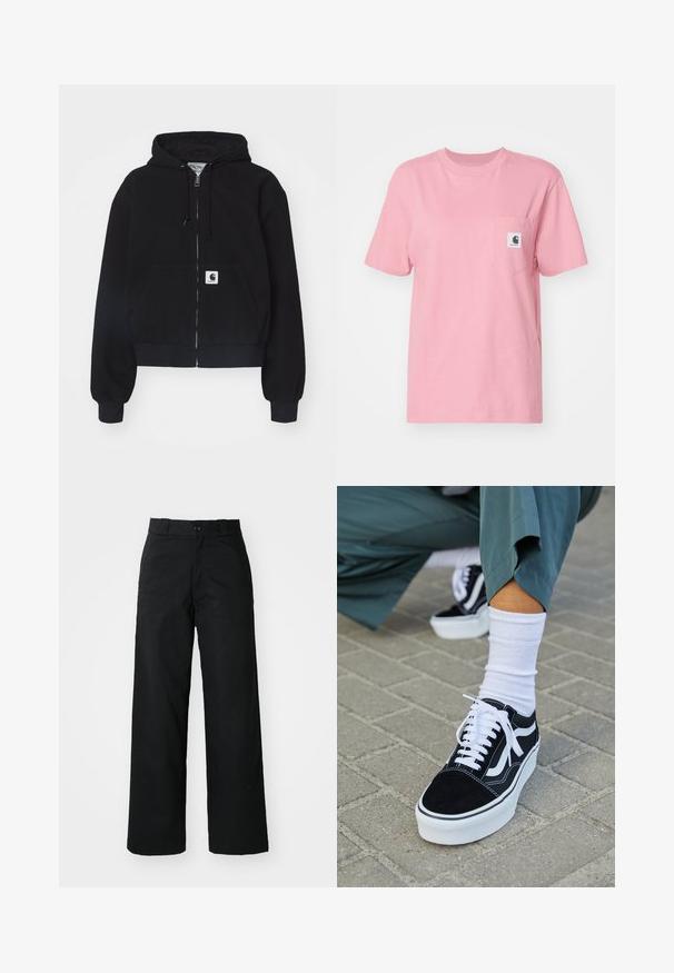Sort zip-up hættetrøje lavet af blødt bomuld, med en forlommer, snørebånd i hætten og ribbede manchetter. Indeholder et logo-patch på lommen.; Carhartt WIP POCKET - T-shirts basic - dusty rose; Sorte vide bukser med flad front, knaplukning og bæltestropper. Fremstillet af holdbart stof med en glat tekstur.; Sorte ruskinds sneakers med hvide accenter og snørebånd, der har en tyk hvid sål og kontrasterende syninger, parret med en hvid sok.