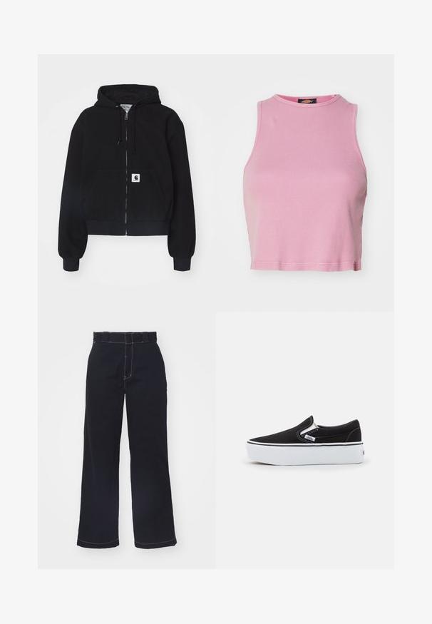 Haut à zip noir en coton doux, doté d'une poche frontale, d'une capuche avec cordon et de poignets côtelés. Comprend un patch logo sur la poche.; Crop top rose à côtes avec un col rond et un design sans manches. Se termine juste au-dessus de la taille.; Pantalons larges bleu foncé en coton avec taille haute, présentant des coutures blanches contrastantes et un design épuré et simple.; Chaussure slip-on noire en toile avec une semelle en caoutchouc blanc, dotée d'accents élastiques sur les côtés et de coutures contrastées. Logo de la marque visible sur le côté.