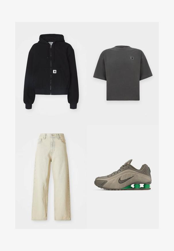 Musta tõmblukuhoodie, mis on valmistatud pehmest puuvillast. Sellel on eesmine tasku, nööri kapuuts ja soonikkoes varrukad. Taskul on logokleeps.; Tumehall suurendatud lühikeste varrukatega T-särk ümmarguse kaelusega ja väikese Carhartti logoga vasakul rinnal.; Laia teksaarid heledas beežis, ees taskutega, kõrge vöökohaga ning peente õmbluste detailidega. Valmistatud tekstureeritud teksariidest.; Nike kingad oliivroheline, sileda pealmise osaga, perforatsioonide detailidega, mustade aktsentidega ja roheliste kontsatoetustega. Kerge ja voolujooneline disain.