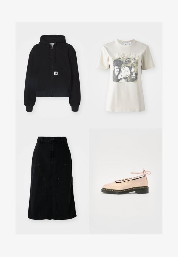 Musta tõmblukuhoodie, mis on valmistatud pehmest puuvillast. Sellel on eesmine tasku, nööri kapuuts ja soonikkoes varrukad. Taskul on logokleeps.; Beeži puuvillane T-särk ümmarguse kaelusega. Omab graafilist printi tegelaste ja tekstiga filmist "Buffy", mustade ja hallide toonide kombinatsioonis.; Musthave tume teksaskirt, sirge lõikega, ees taskud ja nööp sulgemisega vööl. Omab nähtavat õmblust ja tekstuurset kangast.; Kerge roosa nahast king, millel on ümar varvas, teksikinnitus ja must platvormpõhi, mis on kaunistatud kollaste õmblustega.