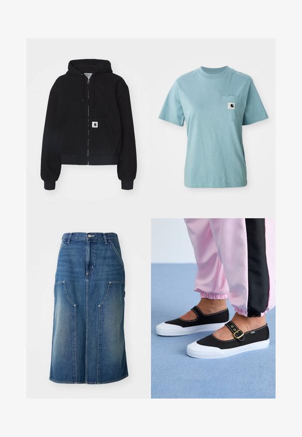 Sort zip-up hættetrøje lavet af blødt bomuld, med en forlommer, snørebånd i hætten og ribbede manchetter. Indeholder et logo-patch på lommen.; Lyseblå kortærmet bomulds T-shirt med brystlomme og et lille sort-hvidt Carhartt logo patch.; Blå denimnederdel med lige snit, forlommer og en talje med knaplukning, prydet med en falmet tekstur og sømdetaljer.; Sorte lærredssko med en hvid sål, der har et udskæringsdesign og et guldspænde. Bæret med lyserøde træningsbukser.