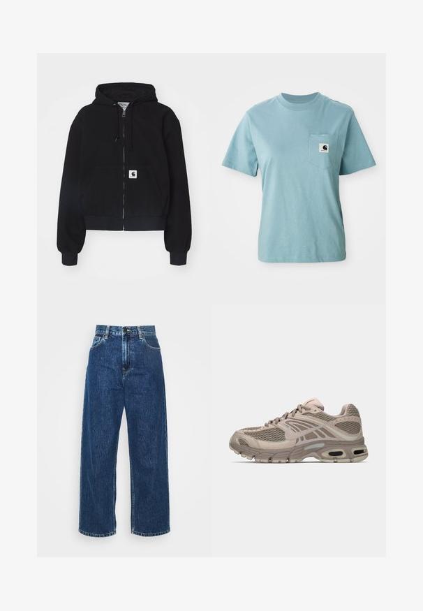 Sort zip-up hættetrøje lavet af blødt bomuld, med en forlommer, snørebånd i hætten og ribbede manchetter. Indeholder et logo-patch på lommen.; Lyseblå kortærmet bomulds T-shirt med brystlomme og et lille sort-hvidt Carhartt logo patch.; Lysblå denim brede ben jeans med høj talje, synlig syning og standard lommer. Har en knap- og lynlåslukning.; Beige sportssko med mesh-overdel, formede detaljer, rund tå og synlig luftdækning i sålen. Snørebånd i neutral farve.