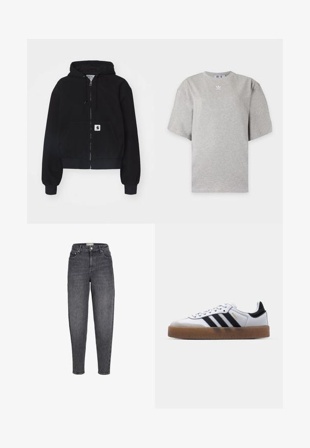 Mustan vetoketjullinen huppari, joka on valmistettu pehmeästä puuvillasta. Takissa on etutasku, nyörillä varustettu huppu ja ribattu hihansuu. Taskussa on logo-ompelu.; Vaaleanharmaa Adidas lyhythihainen t-paita pyöreällä kaula-aukolla ja pienellä valkoisella Adidas-logolla rinnassa, esitetty yksivärisellä taustalla.; Korkeavyötäröiset mustat kulutetut kapenevat farkut, joissa on etutaskut, vyölenkit ja napillinen suljenta.; Valkoiset nahkakengät, joissa on mustat raidat, kumipohja, pyöreä varvas, nauhakiinnitys ja pehmeä harmaa mokkanahkakärki.