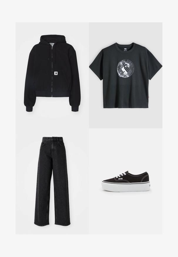 Sort zip-up hættetrøje lavet af blødt bomuld, med en forlommer, snørebånd i hætten og ribbede manchetter. Indeholder et logo-patch på lommen.; Sort T-shirt med korte ærmer med et hvidt og gråt discokuglegrafik midt på fronten mod en ensfarvet lys baggrund.; Sorte højtaljede brede bukser lavet af denim, præget af et klassisk fem-lomme design og subtile syninger.; Sort lærred sneakers med en hvid gummi platform sål, der har hvide snørebånd og syninger, ikonisk branding på siden, lav-top design.