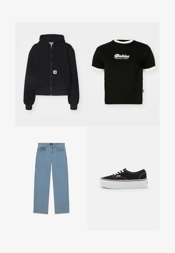 Sort zip-up hættetrøje lavet af blødt bomuld, med en forlommer, snørebånd i hætten og ribbede manchetter. Indeholder et logo-patch på lommen.; Sort bomulds t-shirt med hvid ribbet halsudskæring og ærmekanter. Har hvidt logo-tekst på forsiden: "Dickies Workwear Company." Korte ærmer.; Lysblå jeans, løs pasform, denimstof, fem-lomme design, knaplukning, lige ben, synligt syninger, ingen mønstre eller accenter.; Sort lærred sneakers med en hvid gummi platform sål, der har hvide snørebånd og syninger, ikonisk branding på siden, lav-top design.