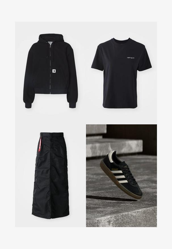 Zwarte ritssluiting hoodie van zachte katoen, met een voorzak, een trekkoordcapuchon en ribgebreide manchetten. Inclusief een logo patch op de zak.; Zwarte katoenen t-shirt met ronde hals, korte mouwen en wit "carhartt" logo op de linkerkant van de borst. Glad oppervlak, standaard pasvorm.; Zwarte lange rok met een voorkant met knopen en rits, zij cargo zakken en een rode 'Remove Before Flight' stoffen label op de tailleband.; Zwarte Adidas sneaker met witte strepen en gumzool die boven grijze betonnen trappen zweeft in natuurlijk licht.