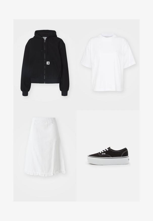 Sudadera con cremallera negra hecha de algodón suave, con un bolsillo frontal, capucha con cordón y puños acanalados. Incluye un parche con el logo en el bolsillo.; Camiseta de algodón blanca con cuello redondo, mangas cortas y un corte relajado. Presenta un logo sutil en el área del pecho izquierdo. Textura suave.; Falda blanca con cintura elástica, que presenta un patrón texturizado y un dobladillo con volantes en la parte inferior. Diseño simple en forma de A.; Zapatilla de lona negra con suela de plataforma de goma blanca, que presenta cordones y costuras blancas, con branding icónico en el lateral, diseño de corte bajo.