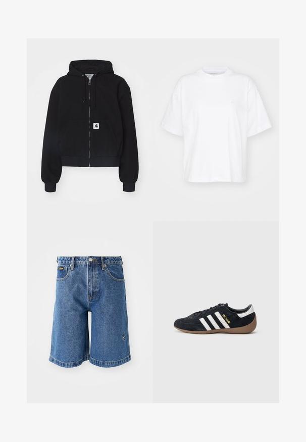Musta tõmblukuhoodie, mis on valmistatud pehmest puuvillast. Sellel on eesmine tasku, nööri kapuuts ja soonikkoes varrukad. Taskul on logokleeps.; Valge puuvillane t-särk ümmarguse kaelusega, lühikeste varrukatega ja lõdgalt istuv. Vasakul rinnal on peen logo. Sile tekstuur.; Teksased sinises värvitoonis, sirge lõikega, viie taskuga ja kontrastse kollase õmblusega. Vasakul küljel on väike logo.; Mustast seemisest vabaajajalats, millel on kolm valget triipu, kummisest tallast ja küljele kinnitatud väike kuldne logo. Siseküljel on sile must vooder.