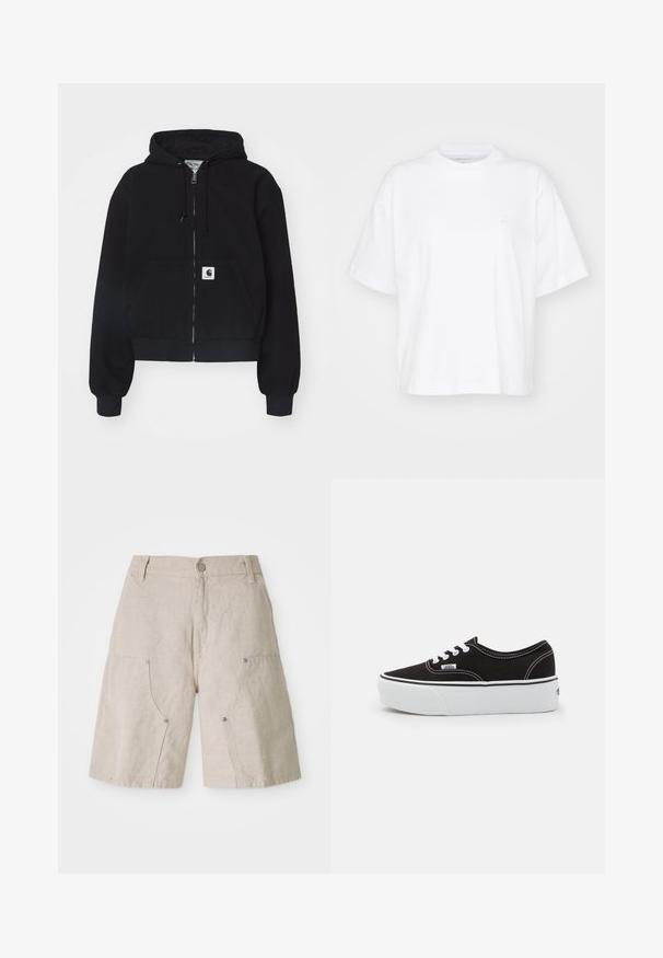 Sort zip-up hættetrøje lavet af blødt bomuld, med en forlommer, snørebånd i hætten og ribbede manchetter. Indeholder et logo-patch på lommen.; Hvid bomulds t-shirt med rund hals, korte ærmer og en afslappet pasform. Har et diskret logo på venstre brystområde. Glat tekstur.; Beige linnedshorts med en afslappet pasform, der har to forlommer og cirkulære metaldetaljer. Afslappet design med en tekstureret overflade.; Sort lærred sneakers med en hvid gummi platform sål, der har hvide snørebånd og syninger, ikonisk branding på siden, lav-top design.