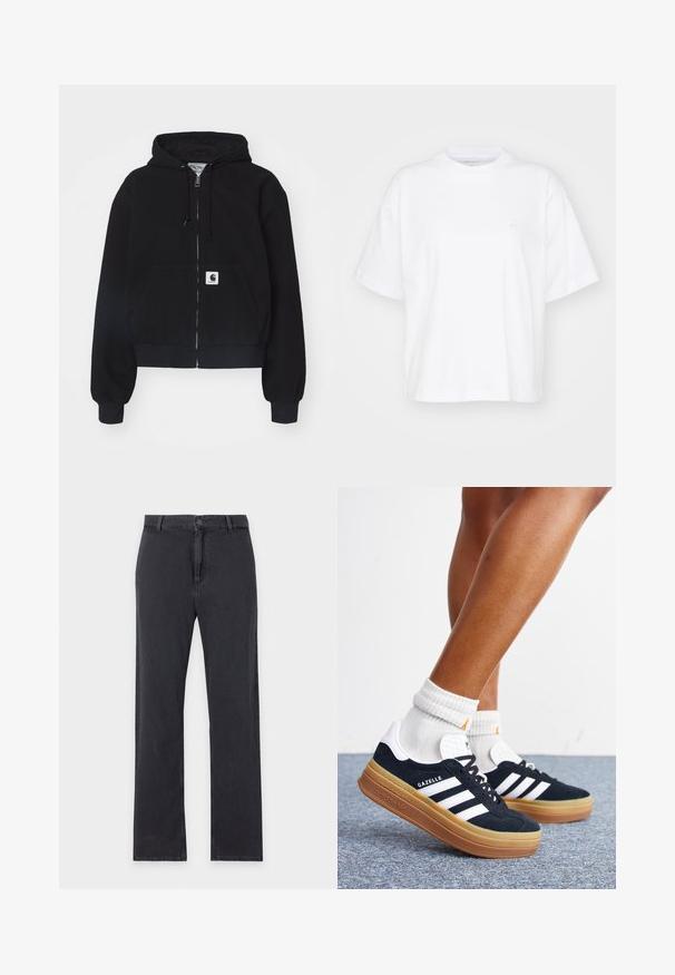 Sort zip-up hættetrøje lavet af blødt bomuld, med en forlommer, snørebånd i hætten og ribbede manchetter. Indeholder et logo-patch på lommen.; Hvid bomulds t-shirt med rund hals, korte ærmer og en afslappet pasform. Har et diskret logo på venstre brystområde. Glat tekstur.; Straight-leg sorte jeans med forreste knap- og lynlåslukning, bæltestropper og klassisk fem-lommer design, lagt fladt på hvid baggrund.; Ben iført hvide sokker og sorte Adidas Gazelle sneakers med hvide striber og tykke brune såler på et gråt tæppe.