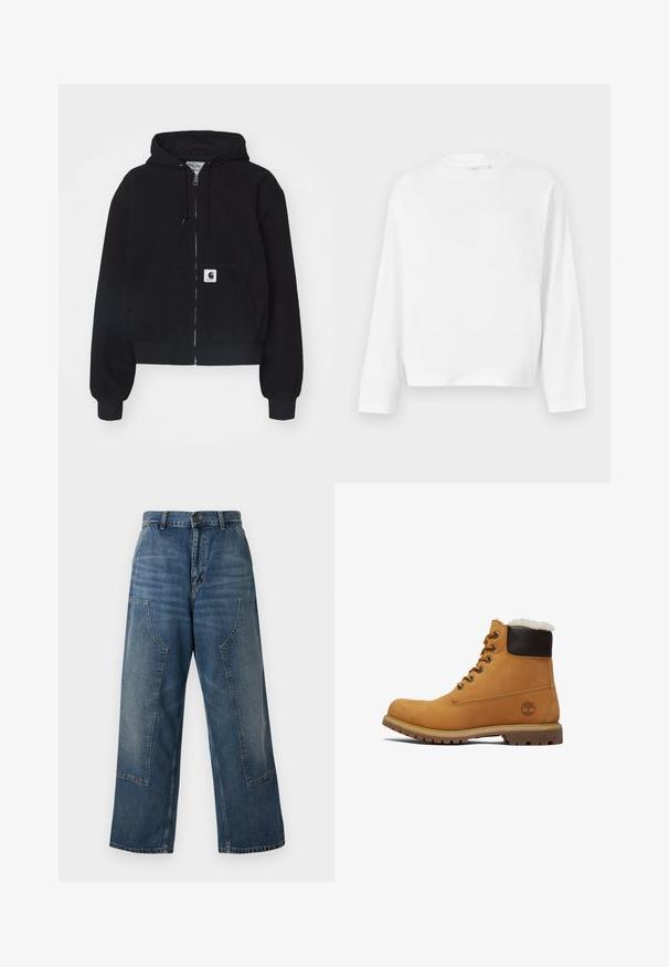 Zwarte ritssluiting hoodie van zachte katoen, met een voorzak, een trekkoordcapuchon en ribgebreide manchetten. Inclusief een logo patch op de zak.; Gina Tricot Longsleeve - white; Wijde spijkerbroek in een medium blauwe wasbeurt, met een hoge taille en contrasterende paneeldetails. Gemaakt van stevig katoenen materiaal.; Tan leren enkellaars met een bruine verhoogde kraag, metalen oogjes en een gestructureerde, duurzame zool. Bevat een logo nabij de hak.