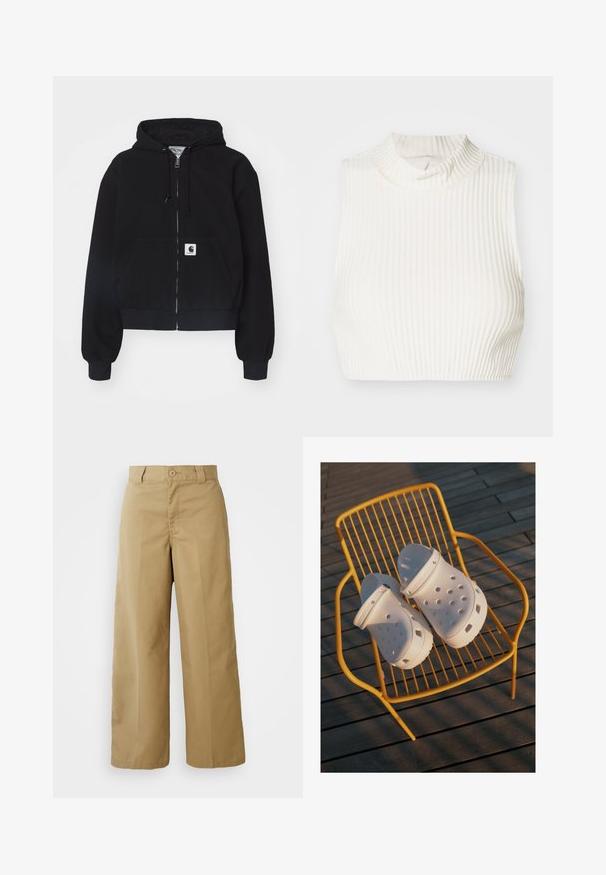 Haut à zip noir en coton doux, doté d'une poche frontale, d'une capuche avec cordon et de poignets côtelés. Comprend un patch logo sur la poche.; Crop top sans manches en ribbed blanc avec un col haut et un subtil détail de boutons au niveau du col, fabriqué à partir d'un tissu lisse et extensible.; Pantalons larges beiges en tissu mélangé coton, avec une fermeture à bouton, des passants de ceinture et des poches avant.; Des sabots Crocs blancs présentent un design perforé, des semelles plates et des sangles de talon réglables, reposant sur une chaise en fil jaune contre un sol en bois.