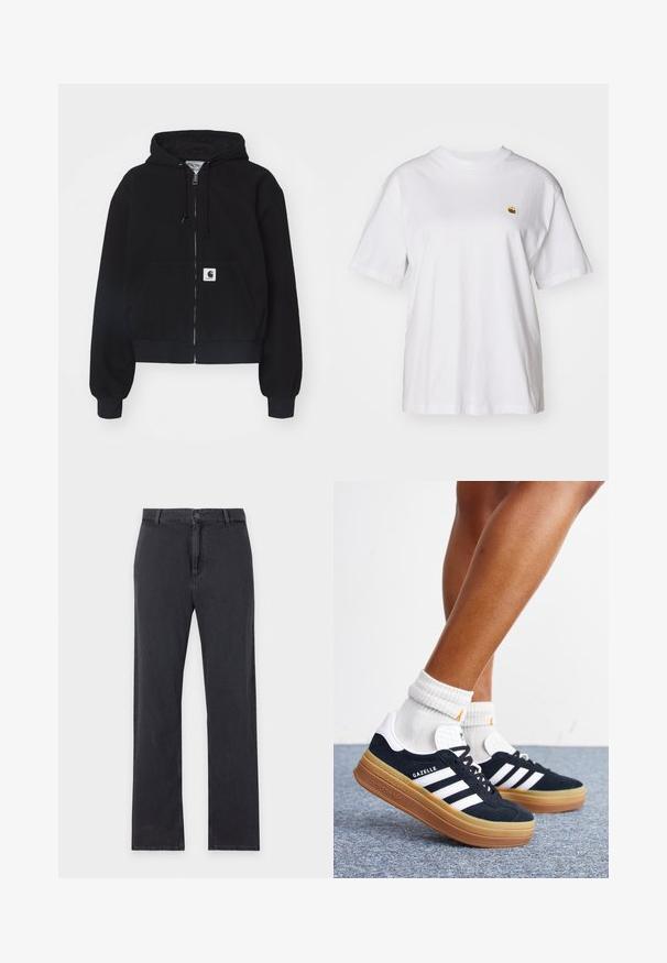 Zwarte ritssluiting hoodie van zachte katoen, met een voorzak, een trekkoordcapuchon en ribgebreide manchetten. Inclusief een logo patch op de zak.; Witte katoenen t-shirt met een relaxte pasvorm, korte mouwen en een klein geborduurd logo op de linkerborst.; Zwarte jeans met rechte pijpen, knoop- en ritssluiting aan de voorkant, riemlussen en klassiek ontwerp met vijf zakken, plat gelegd op een witte achtergrond.; Ben met witte sokken en zwarte Adidas Gazelle sneakers met witte strepen en dikke bruine zolen op een grijs tapijt.