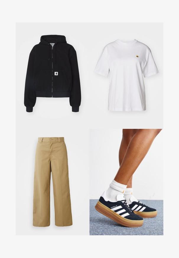 Haut à zip noir en coton doux, doté d'une poche frontale, d'une capuche avec cordon et de poignets côtelés. Comprend un patch logo sur la poche.; T-shirt en coton blanc avec une coupe décontractée, des manches courtes et un petit logo brodé sur la poitrine gauche.; Pantalons larges beiges en tissu mélangé coton, avec une fermeture à bouton, des passants de ceinture et des poches avant.; Jambes portant des chaussettes blanches et des baskets Adidas Gazelle noires avec des bandes blanches et des semelles épaisses marron sur un sol recouvert de moquette grise.