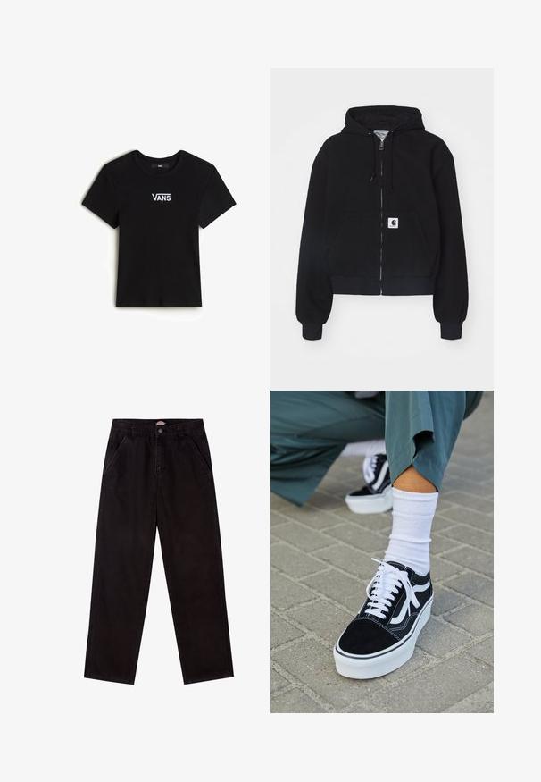 Zwarte ritssluiting hoodie van zachte katoen, met een voorzak, een trekkoordcapuchon en ribgebreide manchetten. Inclusief een logo patch op de zak.; Vans CAMERON - T-shirt basic - black; Zwarte denim rechtaflopende broek met een klassiek vijf-pocket ontwerp, voorzien van een knoopsluiting en subtiele stikseldetails.; Zwarte suède sneaker met witte accenten en veters, uitgerust met een dikke witte zool en contrasterende stiksels, gecombineerd met een witte sok.
