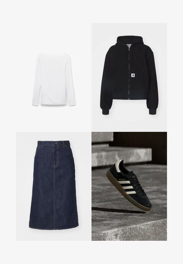 Sudadera con cremallera negra hecha de algodón suave, con un bolsillo frontal, capucha con cordón y puños acanalados. Incluye un parche con el logo en el bolsillo.; Camiseta blanca de manga larga con cuello barco, diseño liso, mostrada plana sobre un fondo blanco, vista frontal.; Falda de mezclilla oscura con cintura alta, corte recto, bolsillos delanteros y costuras cosidas. Presenta un cierre de cremallera y botón en la cintura.; Zapatilla negra de Adidas con rayas blancas y suela de goma flotando sobre escalones de concreto gris a la luz natural.