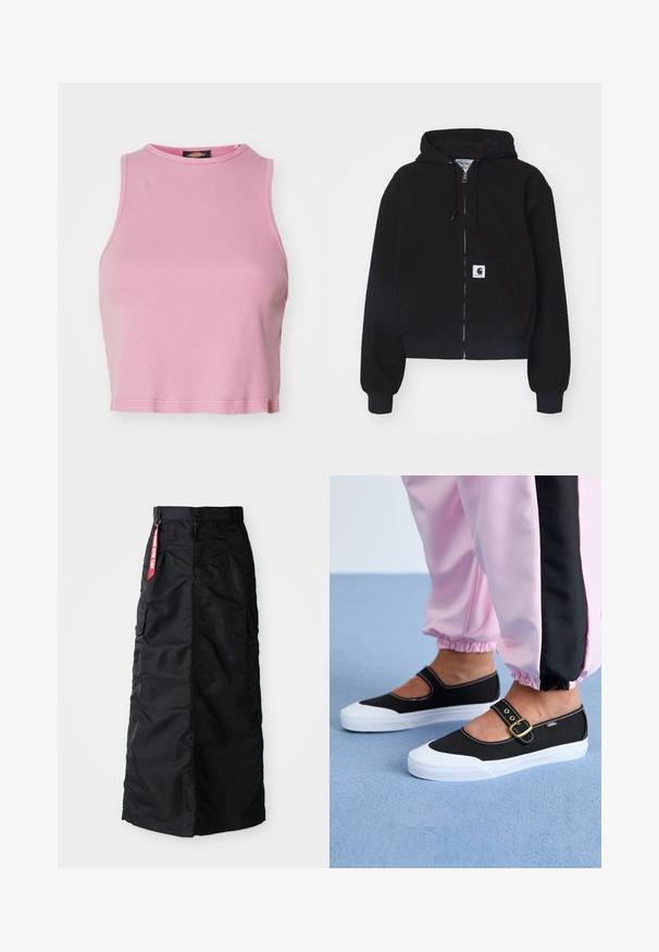 Sudadera con cremallera negra hecha de algodón suave, con un bolsillo frontal, capucha con cordón y puños acanalados. Incluye un parche con el logo en el bolsillo.; Top corto de canalé rosa con cuello redondo y diseño sin mangas. Presenta un dobladillo que termina justo por encima de la cintura.; Falda larga negra con botones y cremallera en el frente, bolsillos laterales tipo cargo y una etiqueta de tela roja "Retirar antes del vuelo" en la cinturilla.; Zapatillas de lona negras con suela blanca, con un diseño recortado y una correa con hebilla dorada. Combinadas con pantalones de chándal rosas.