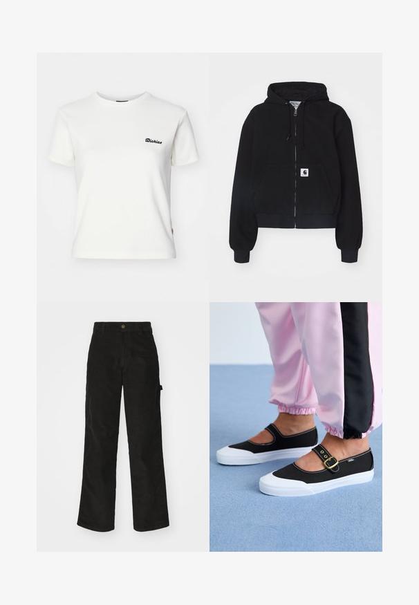 Sudadera con cremallera negra hecha de algodón suave, con un bolsillo frontal, capucha con cordón y puños acanalados. Incluye un parche con el logo en el bolsillo.; Camiseta blanca de manga corta hecha de algodón suave, con un pequeño logo negro de "Dickies" en el pecho izquierdo y un corte ligeramente ajustado.; Pantalones de pana negros con un diseño de pierna recta, que presentan un cierre de botón y bolsillo lateral. Textura suave con finas rayas verticales.; Zapatillas de lona negras con suela blanca, con un diseño recortado y una correa con hebilla dorada. Combinadas con pantalones de chándal rosas.