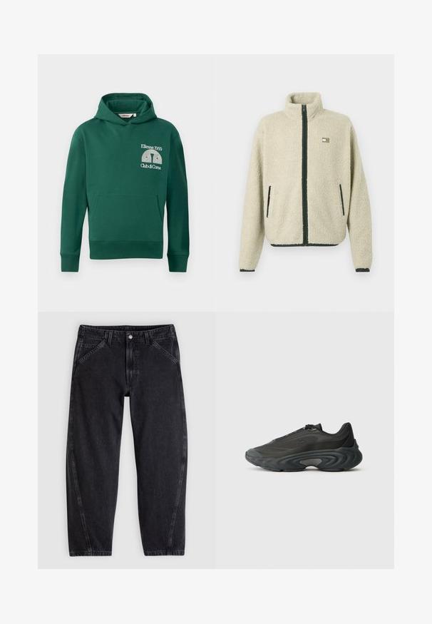 Béžová sherpa fleece bunda s čiernym zipsom a lemom na vreckách, vysokým golierom, dlhými rukávmi a malým obdĺžnikovým logom na hrudi.; Zelená mikina s kapucňou z bavlneného zmesi, s predným klokaním vreckom a vyšitým logom s textom "Ellesse 1959" a "Club di Corsa".; Čierne džínsy z denimu s voľným strihom, vybavené štandardným pásom, dizajnom s piatimi vreckami a kontrastným prešitím pozdĺž švov.; Čierna športová obuv s vrchom z meshu a syntetických materiálov, elegantný dizajn, hrubá zakrivená podrážka a textúrované akcenty na bočných stranách a na prstoch.